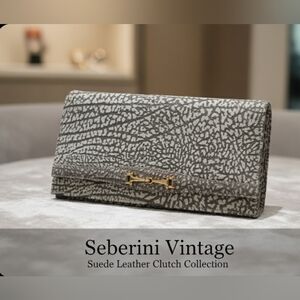 Seberini Vintage Suede Leather Texture Grey Clutch Gold Hardware Accent